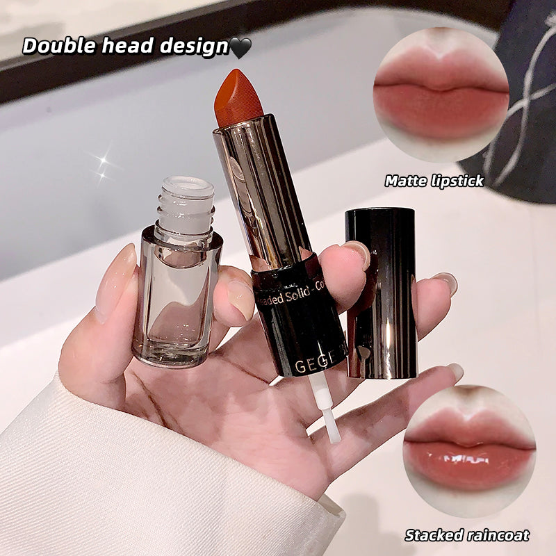 Hand holding a double-headed lipstick with close-up shots of lips and product application.