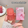 Two-tone lip jelly with packaging held by a hand, labeled 'Gege Bear'.
