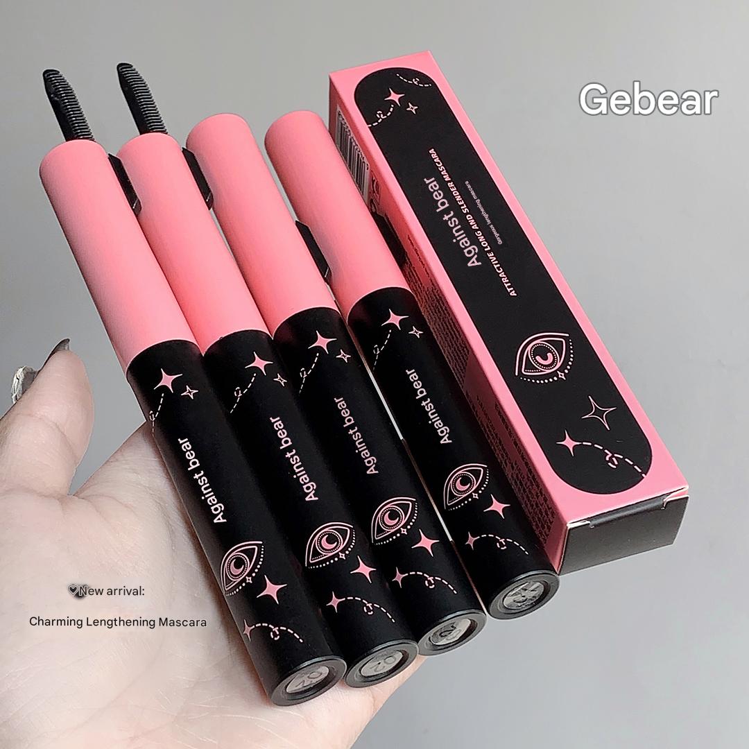 Set of pink and black eyelash products with 'Gegebear' branding on a gray background.