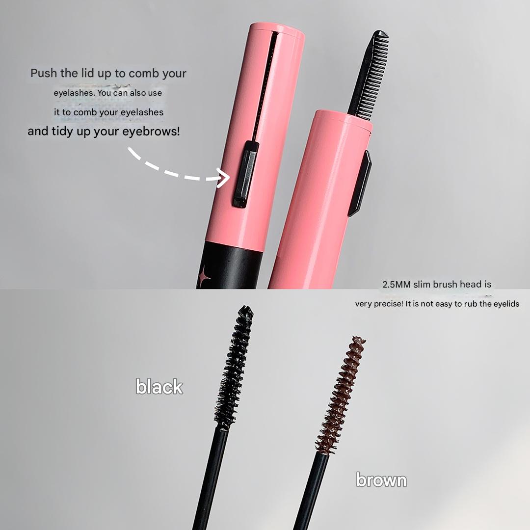 Pink eyelash comb with black and brown bristle heads on a gray background