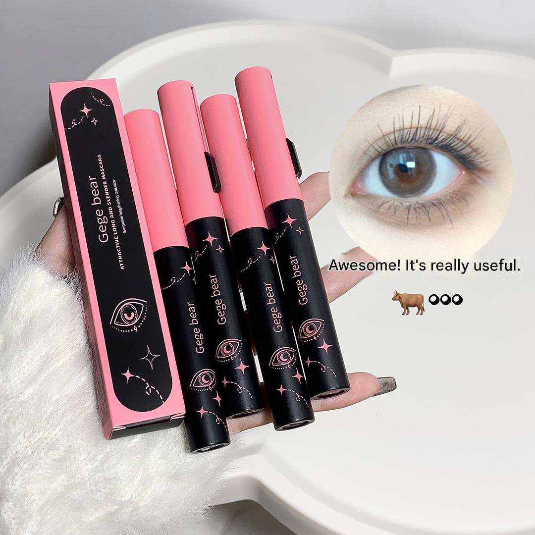Pink and black eyeliner products with a close-up of an eye and text on a white background
