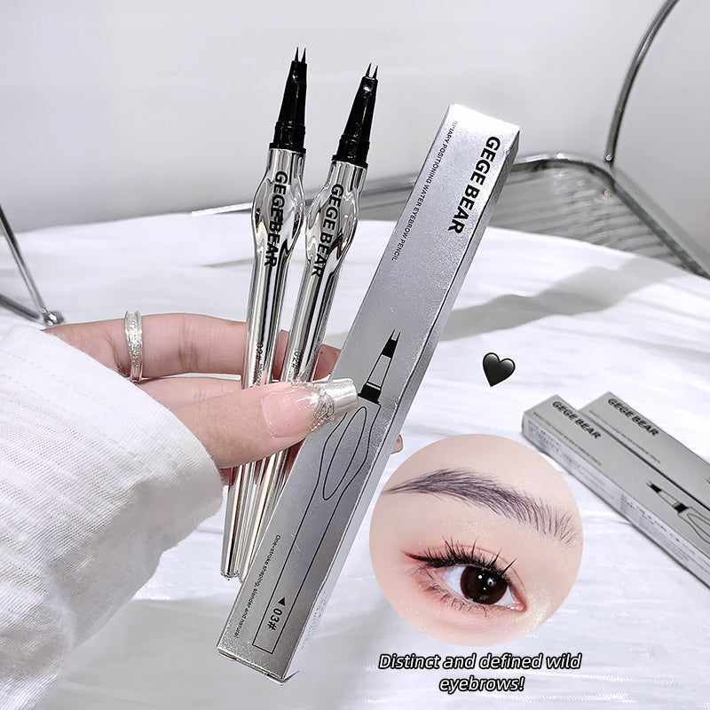 Eyebrow pencil with packaging and close-up of application on skin