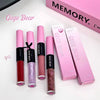 Set of Gege Bear lip products including lip glosses and a box on a white background.