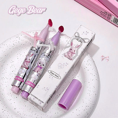 Pink lip gloss set with 'Gege Bear' branding on a white background