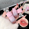Hand holding three small pink lip products with a close-up of lips wearing the product, text 'Great for dry lips!' and 'Full of temperament!'.