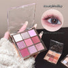 Makeup palette with eyeshadow shades held by a hand, close-up of an eye with glitter applied, and 'Sweet girl ceiling' text.