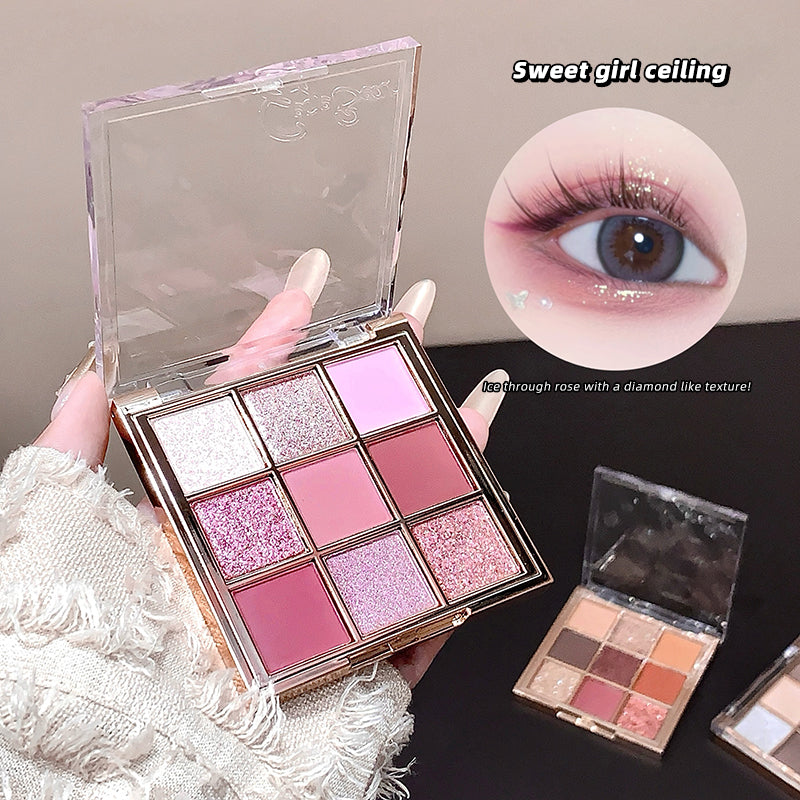 Makeup palette with eyeshadow shades held by a hand, close-up of an eye with glitter applied, and 'Sweet girl ceiling' text.