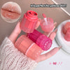 Pink lip balm with applicator held in a hand, close-up of lips with text 'It is perfect for yellow skin!'.