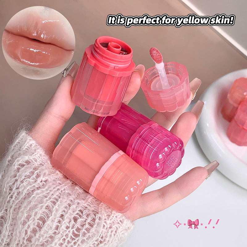 Pink lip balm with applicator held in a hand, close-up of lips with text 'It is perfect for yellow skin!'.