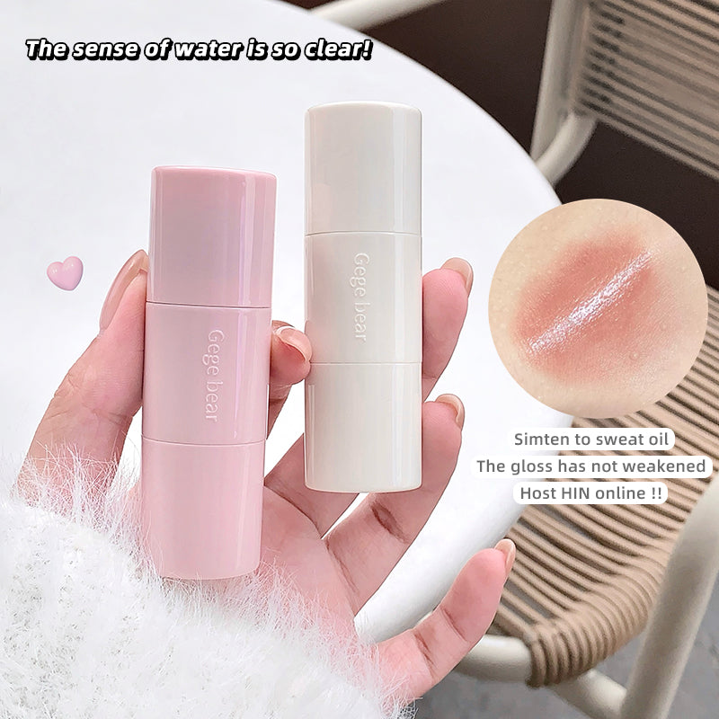 Two lip balms, one pink and one white, held in a hand with a close-up of a sunburned spot.