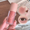 Lip tint with 'rose bear' branding held by a hand, close-up of lip color on skin, and eye wearing the color.