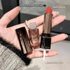 Hand holding two lip products with text indicating 'Double head design' and 'Matte lipstick'.