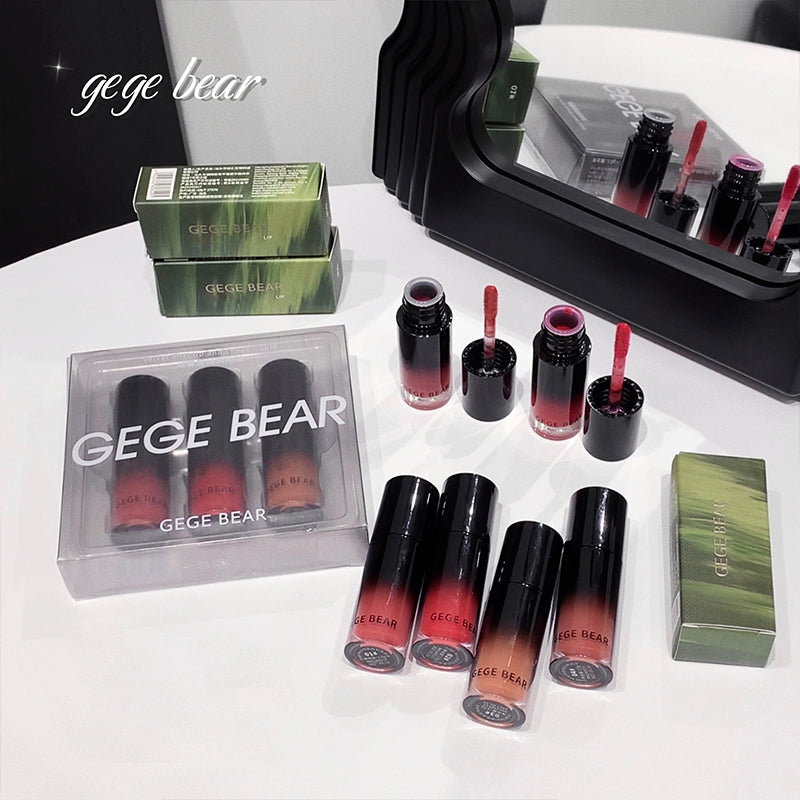 GEGE BEAR lip products including lipsticks and lip glosses on a white surface.