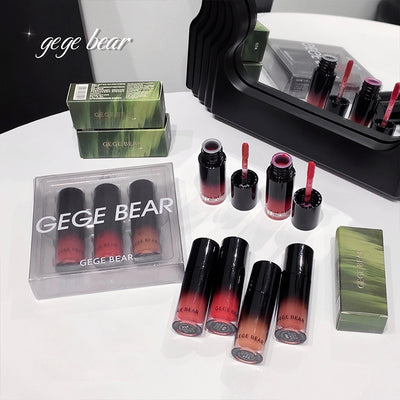 GEGE BEAR lip products including lipsticks and lip glosses on a white surface.