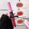 Double-head lip glaze with pink and black design, held by a hand, with close-up shots of lips wearing the product.