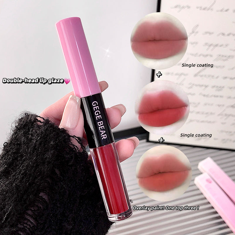 Double-head lip glaze with pink and black design, held by a hand, with close-up shots of lips wearing the product.