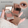 Makeup compact with rose gold finish held by a hand, showing eye shadow and close-up of an eye.
