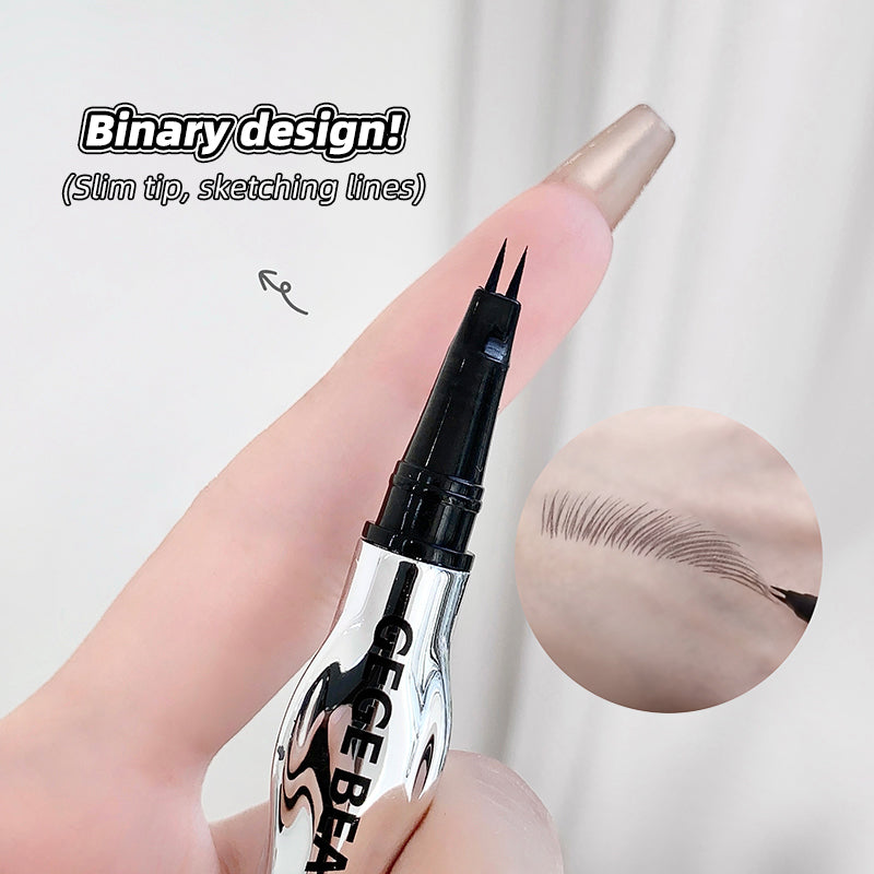 Eyebrow pencil with a close-up of a drawn eyebrow on a light background