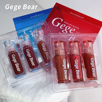 Gege Bear lip gloss set with blue and red packaging on a white background