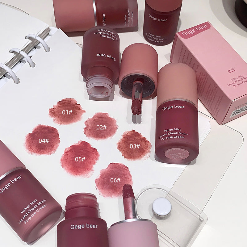 Gege bear lip products with swatches on a white surface