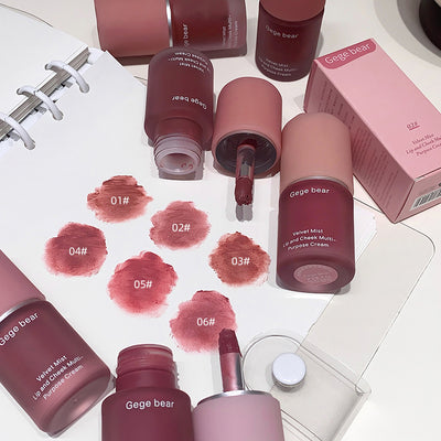 Gege bear lip products with swatches on a white surface