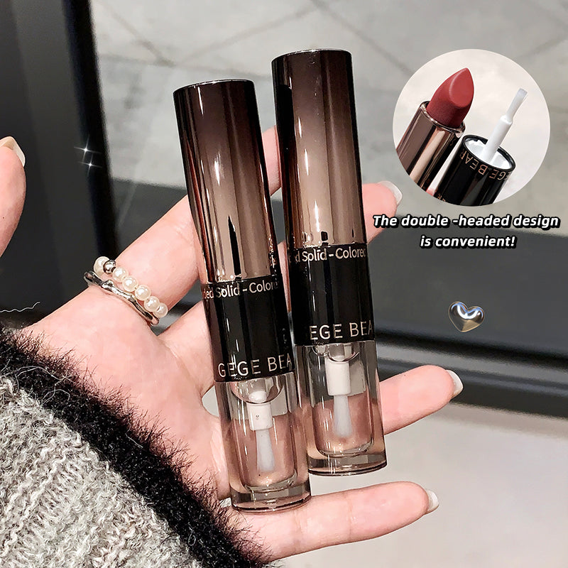 Two GEGE BEAUTY lipsticks held in a hand with a blurred background