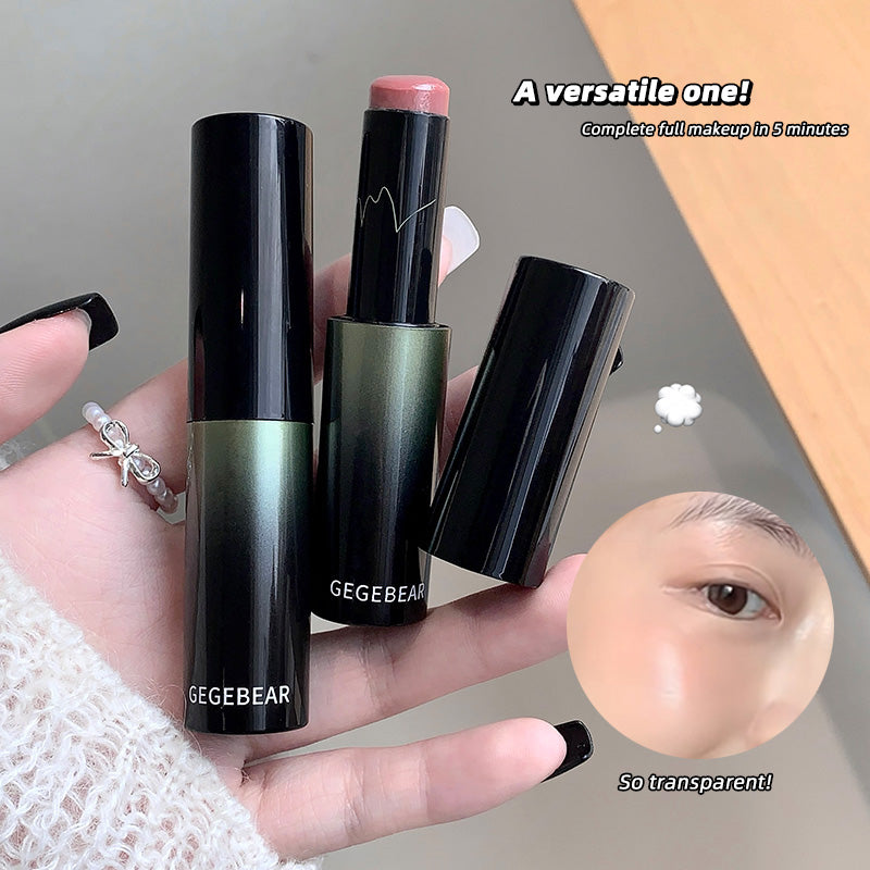 Hand holding three GEGBEAR lipsticks with a close-up of a lip and text about makeup speed.