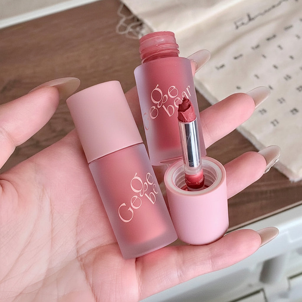 Two pink lip products with 'Gooseberry' branding held in a hand.