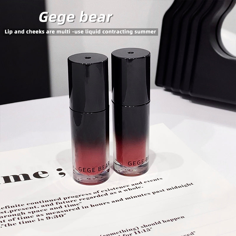 Two black and red lip and cheek products with 'Gege bear' branding on a white surface.