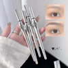 Three silver eyebrow pencils with 'GEGE BEAR' branding held by a hand, with before and after eyebrow comparison on a mirror.