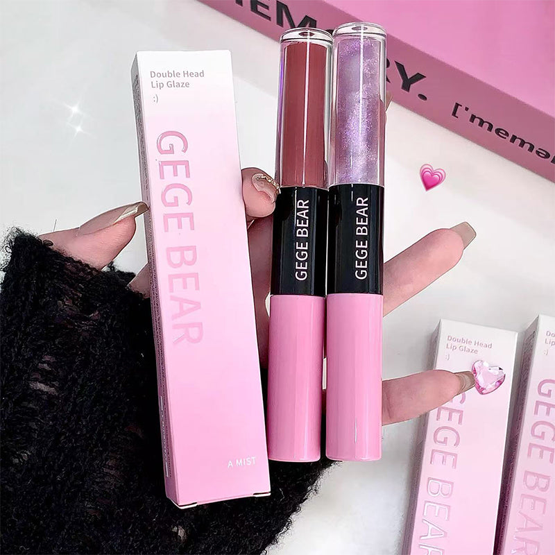 Two GEUGE BEAR lip glosses held in front of their packaging on a white background.