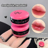 Pink lipstick with 'GEGE BEAR' branding, showing matte and mirror surface on lips.