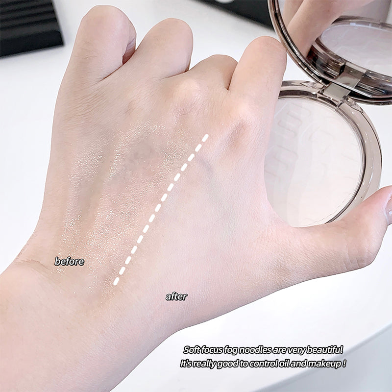 Hand comparison showing 'before' and 'after' with a compact powder on a white background