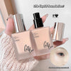 Two bottles of 'Go Be' liquid foundation held by a hand, with text overlay on a blurred background.