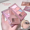 Makeup eyeshadow palette held by a hand with a close-up of an eye wearing the makeup.