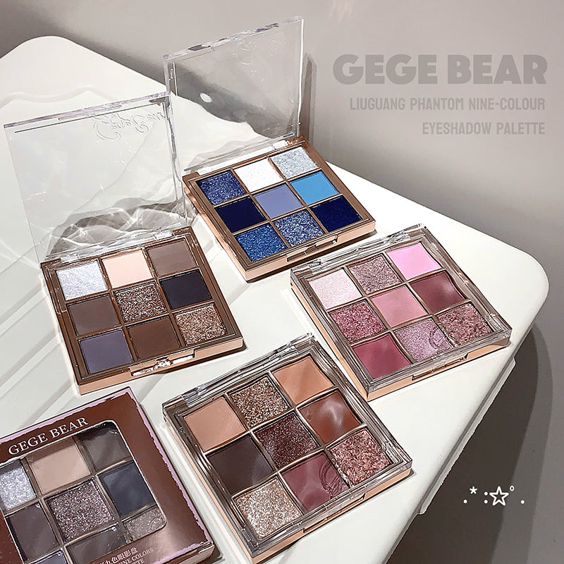 GEGE BEAR eyeshadow palettes on a white surface with a neutral background