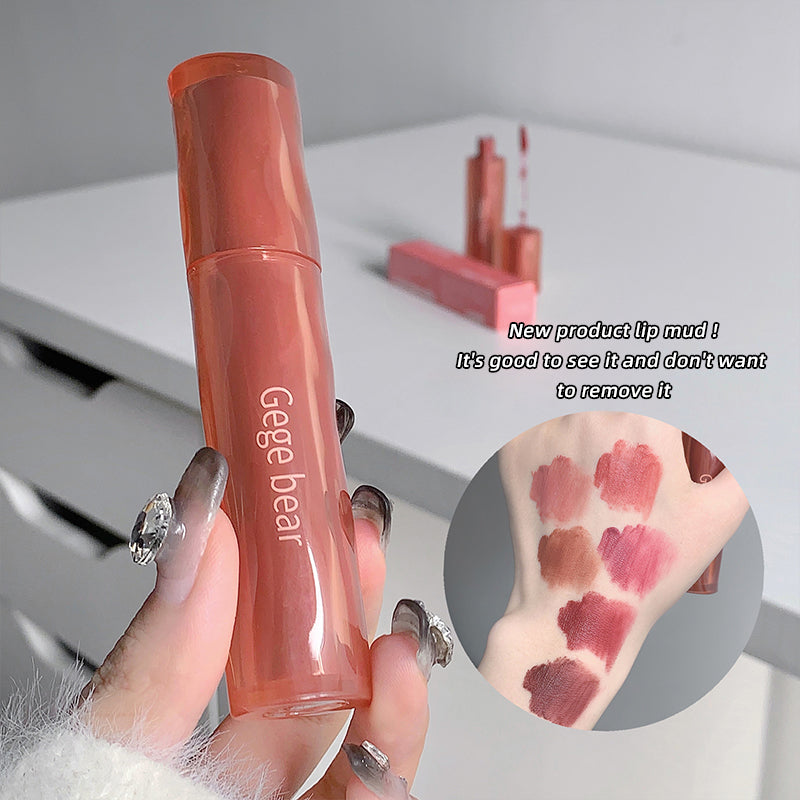 Lip balm with 'Gegebear' branding held by a hand, with swatches on a separate image.