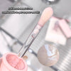 Makeup brush with a close-up of the bristle tip on a blurred background