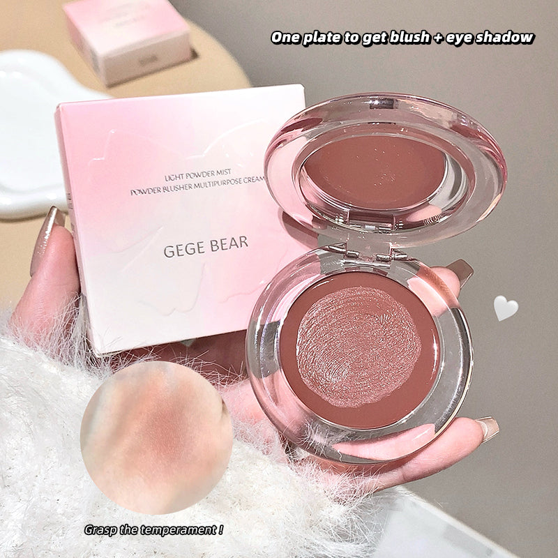 Compact makeup product with blush and eye shadow, held by a hand, with 'GEGE BEAR' packaging.