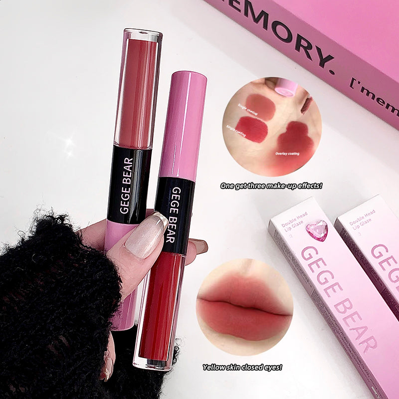 Two GEGE BEAR lip glosses held by a hand with a pink background showing product swatches.