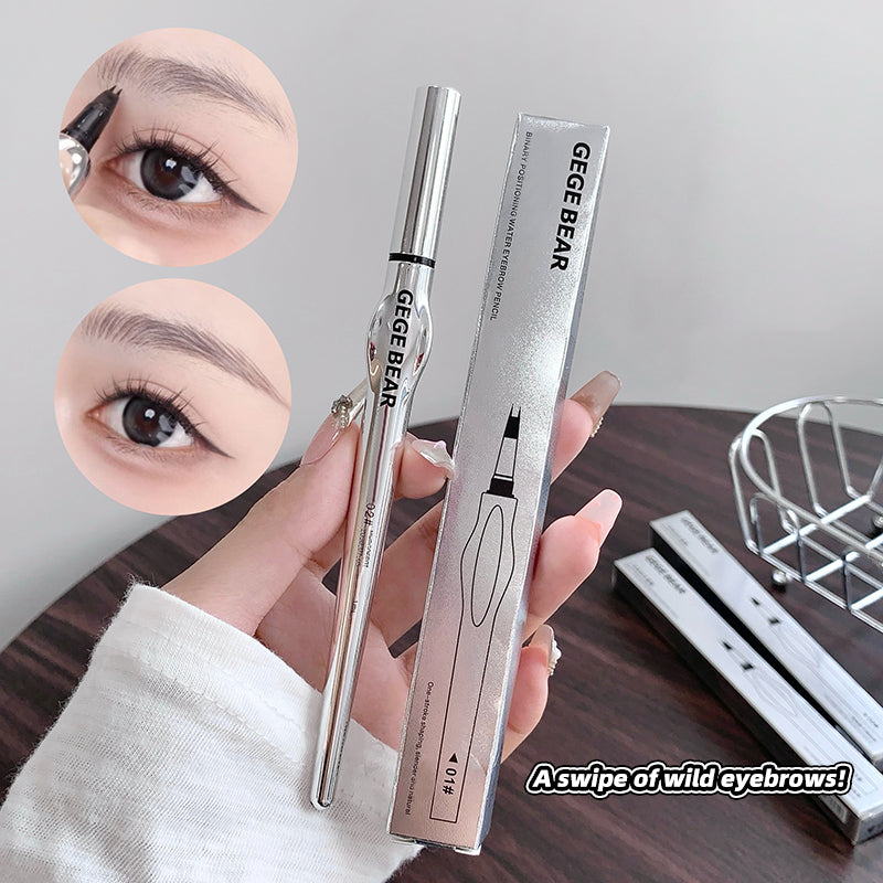Eyebrow pen with packaging held by a hand, showing close-up of application on skin.