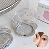 Two compact face powders with glittery texture and a close-up of a person applying one to their skin.