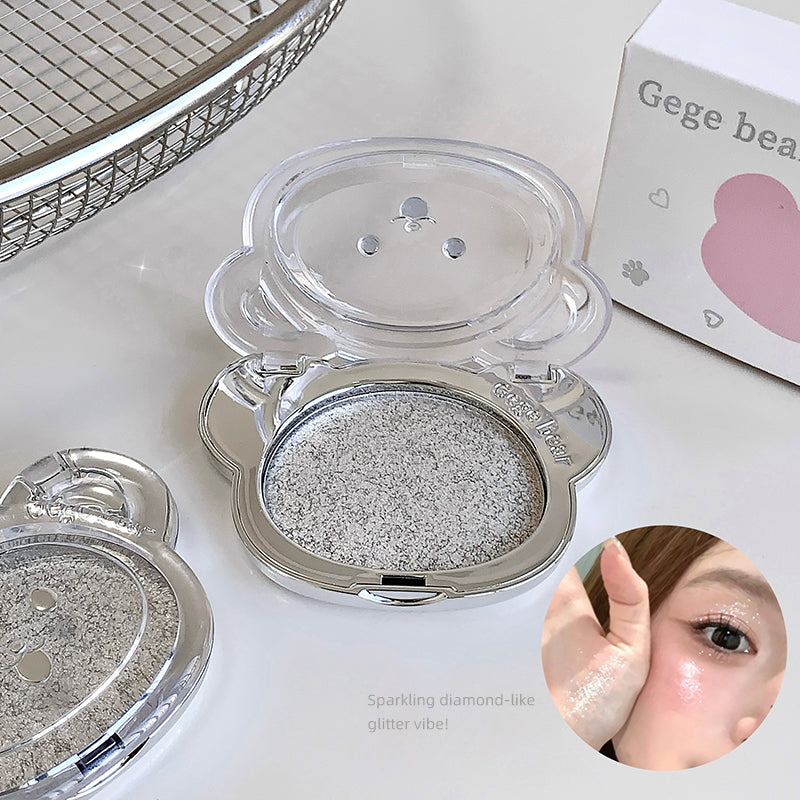 Two compact face powders with glittery texture and a close-up of a person applying one to their skin.