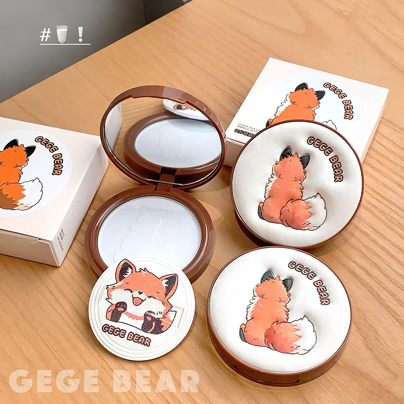 Set of coasters with a fox design and 'GEGE BEAR' branding on a wooden surface.