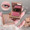 Makeup compact with pink eyeshadow held by a hand, with a close-up of an eye wearing the product.