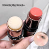 Two lip balms held by a hand with a close-up of a lip, on a light gray background.