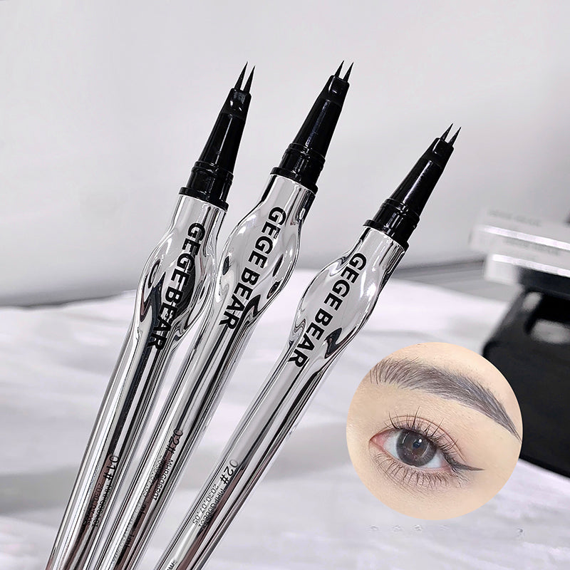 Three GEGeBEAR tattoo pens on a white surface with an inset showing a close-up of a tattooed eyebrow.