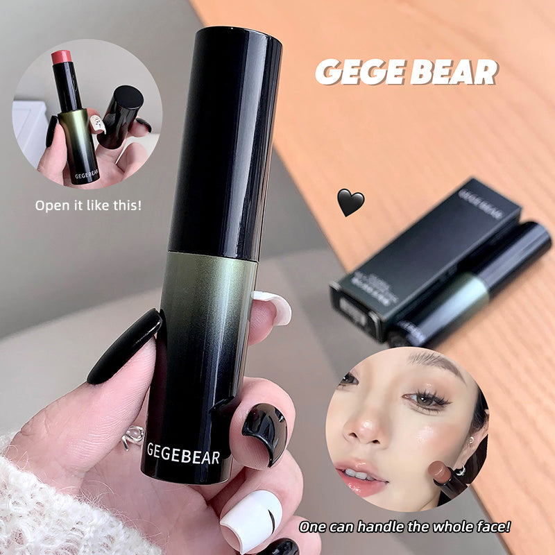 Black makeup product with 'GEGEBEAR' branding, held by a hand, with close-up shots and text instructions.