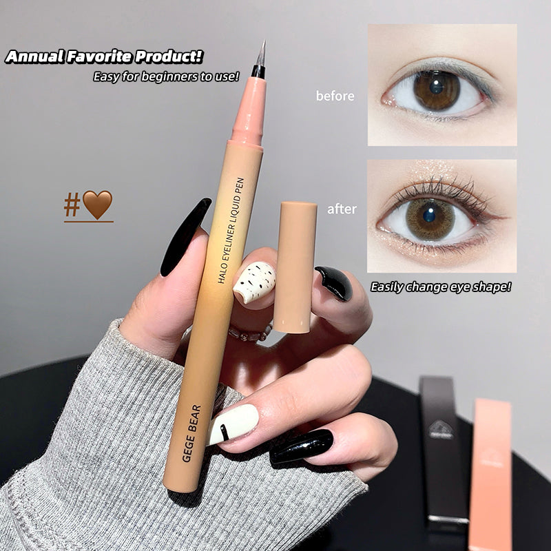 GECE BEAR eyeliner pen held by a hand, with 'before' and 'after' eye makeup images.