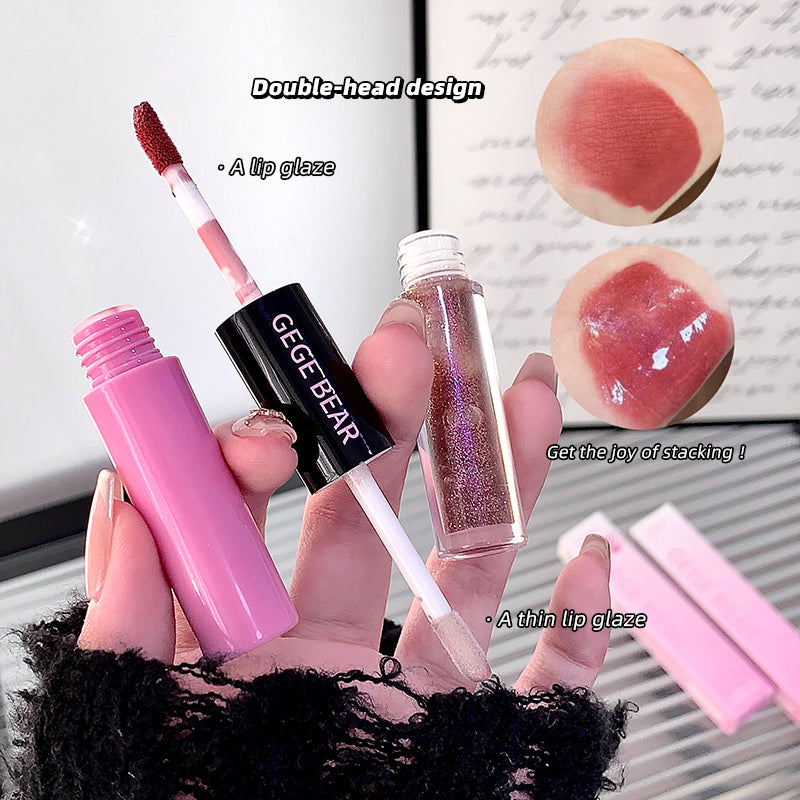 Lip gloss products with a hand holding them, labeled 'Double-head design' and 'GEGE BEAR'.